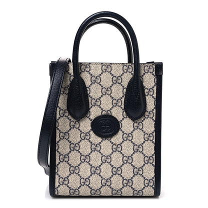 GG Supreme Monogram Textured Dollar Calfskin Mini Retro Interlocking G Tote Bag Beige Blue