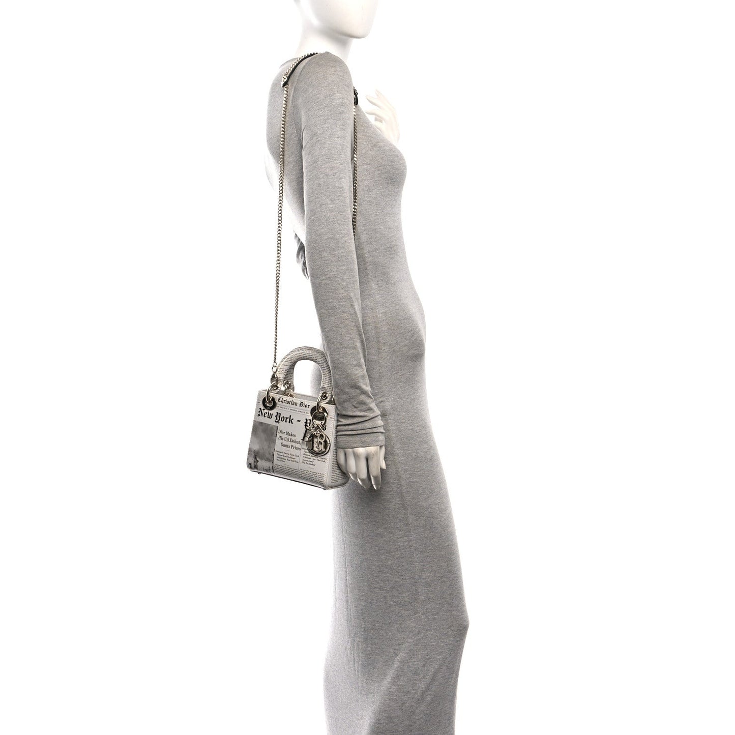 Calfskin Newspaper Printed Mini Lady Dior Black White