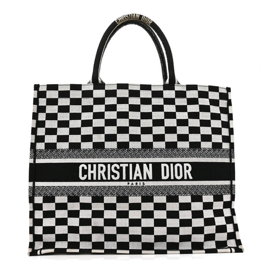 Canvas Embroidered Checkered Book Tote Black White