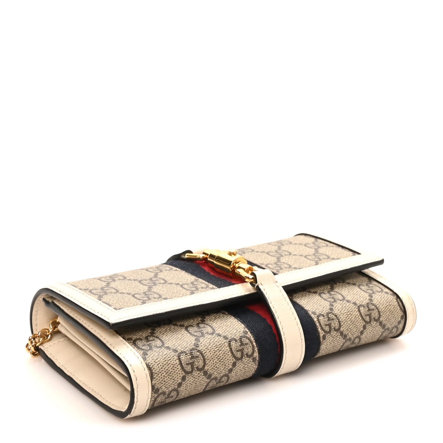 GG Supreme Monogram Textured Calfskin Web Jackie 1961 Chain Wallet Beige Ebony Mystic White