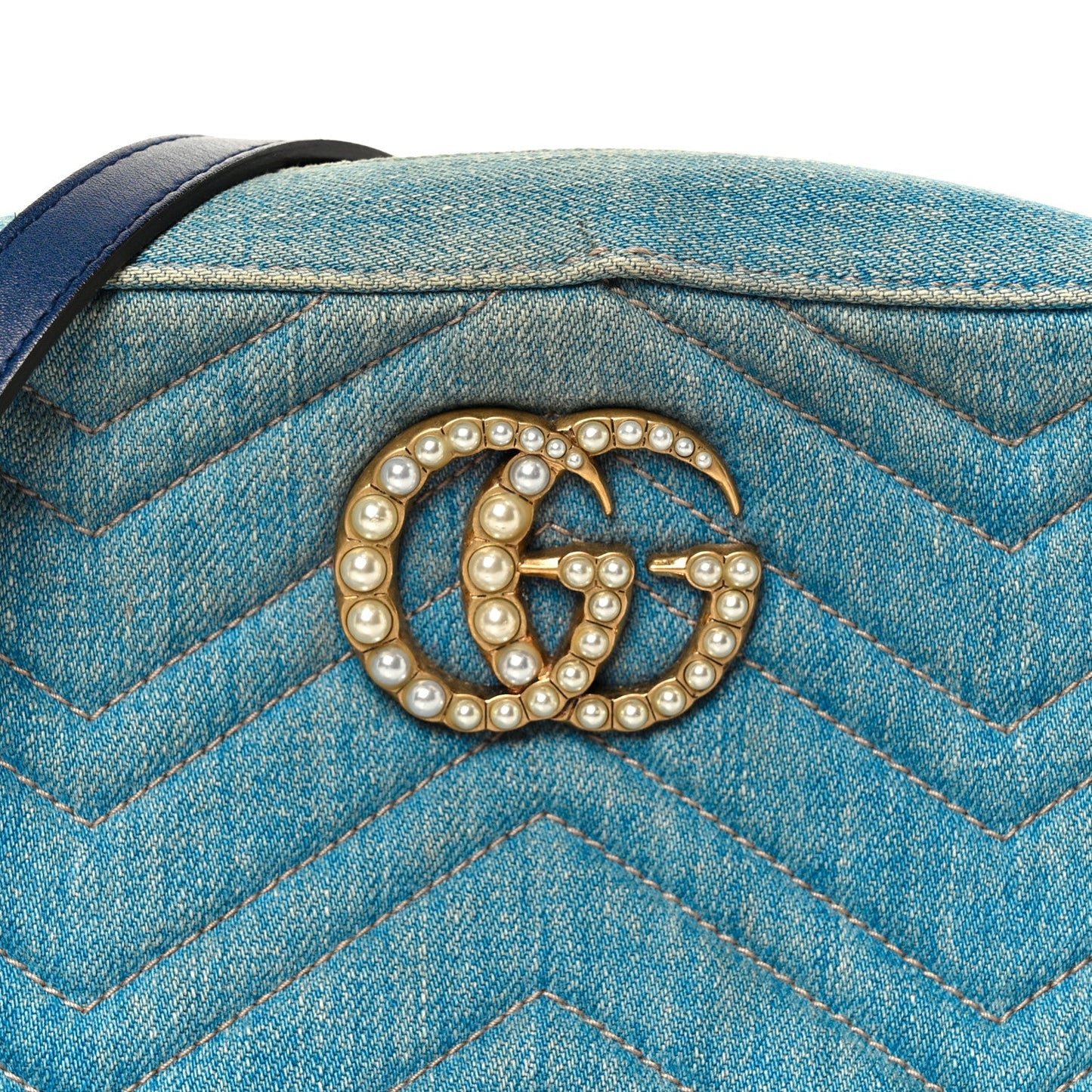Denim Matelasse Small Pearly GG Marmont Chain Shoulder Bag Blue