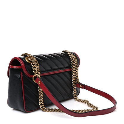 Vintage Effect Calfskin Matelasse Diagonal Small Torchon GG Marmont Shoulder Bag Black Romantic Cherry