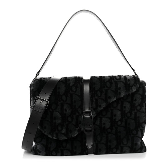Oblique Mink Fur Saddle Soft Bag Dark Grey