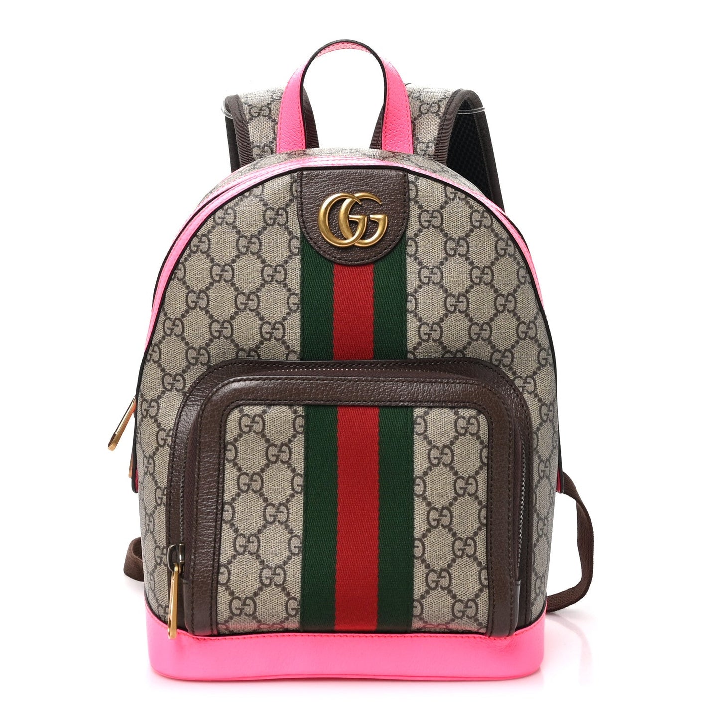 GG Supreme Monogram Textured Dollar Calfskin Web Small Ophidia Day Backpack Beige Ebony Fluorescent Fuchsia