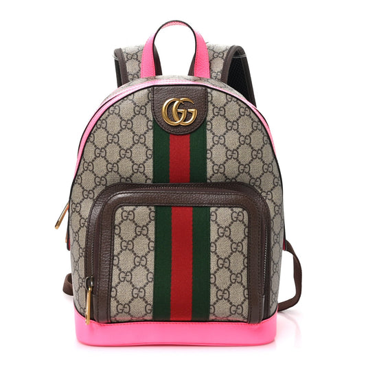 GG Supreme Monogram Textured Dollar Calfskin Web Small Ophidia Day Backpack Beige Ebony Fluorescent Fuchsia