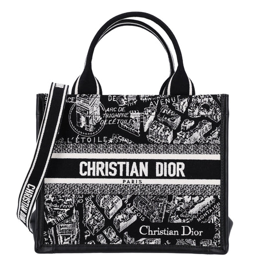 Canvas Calfskin Embroidered Small Plan De Paris Book Tote With Strap Black White