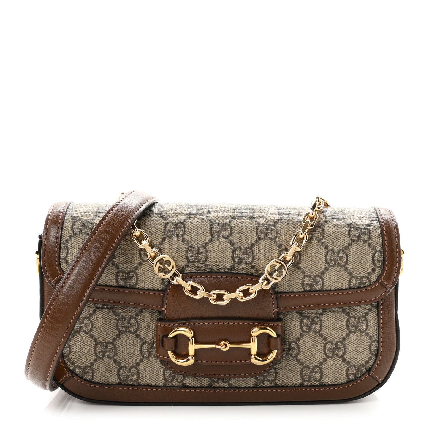 GG Supreme Monogram Small Horsebit 1955 Chain Shoulder Bag Beige Ebony Brown Sugar