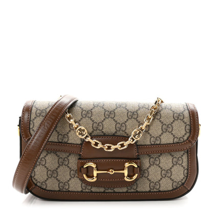 GG Supreme Monogram Small Horsebit 1955 Chain Shoulder Bag Beige Ebony Brown Sugar
