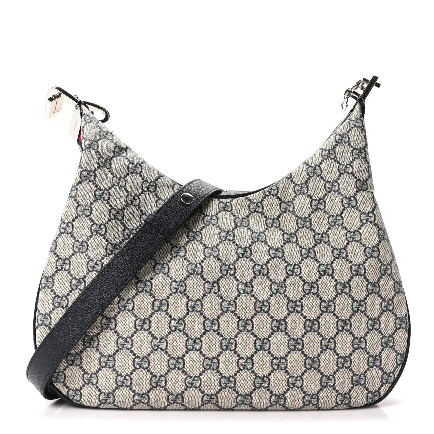 GG Supreme Monogram Textured Calfskin Web Large Attache Shoulder Bag Beige Blue