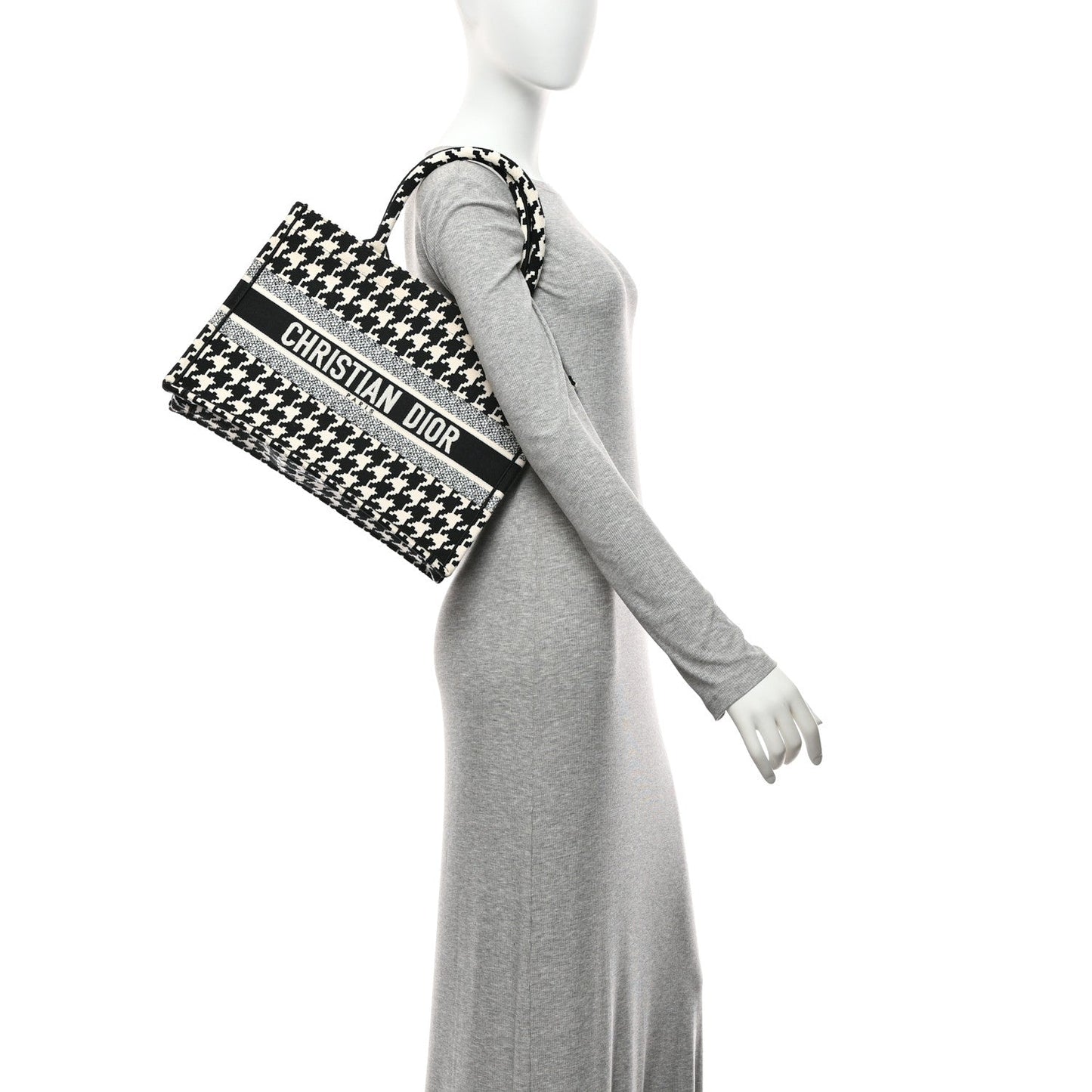 Canvas Houndstooth Embroidered Medium Book Tote Black White