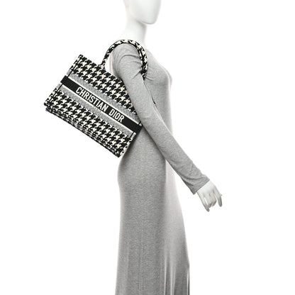 Canvas Houndstooth Embroidered Medium Book Tote Black White