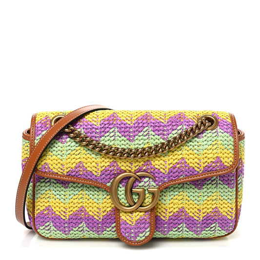 Calfskin Raffia Woven Small GG Marmont Shoulder Bag Multicolor