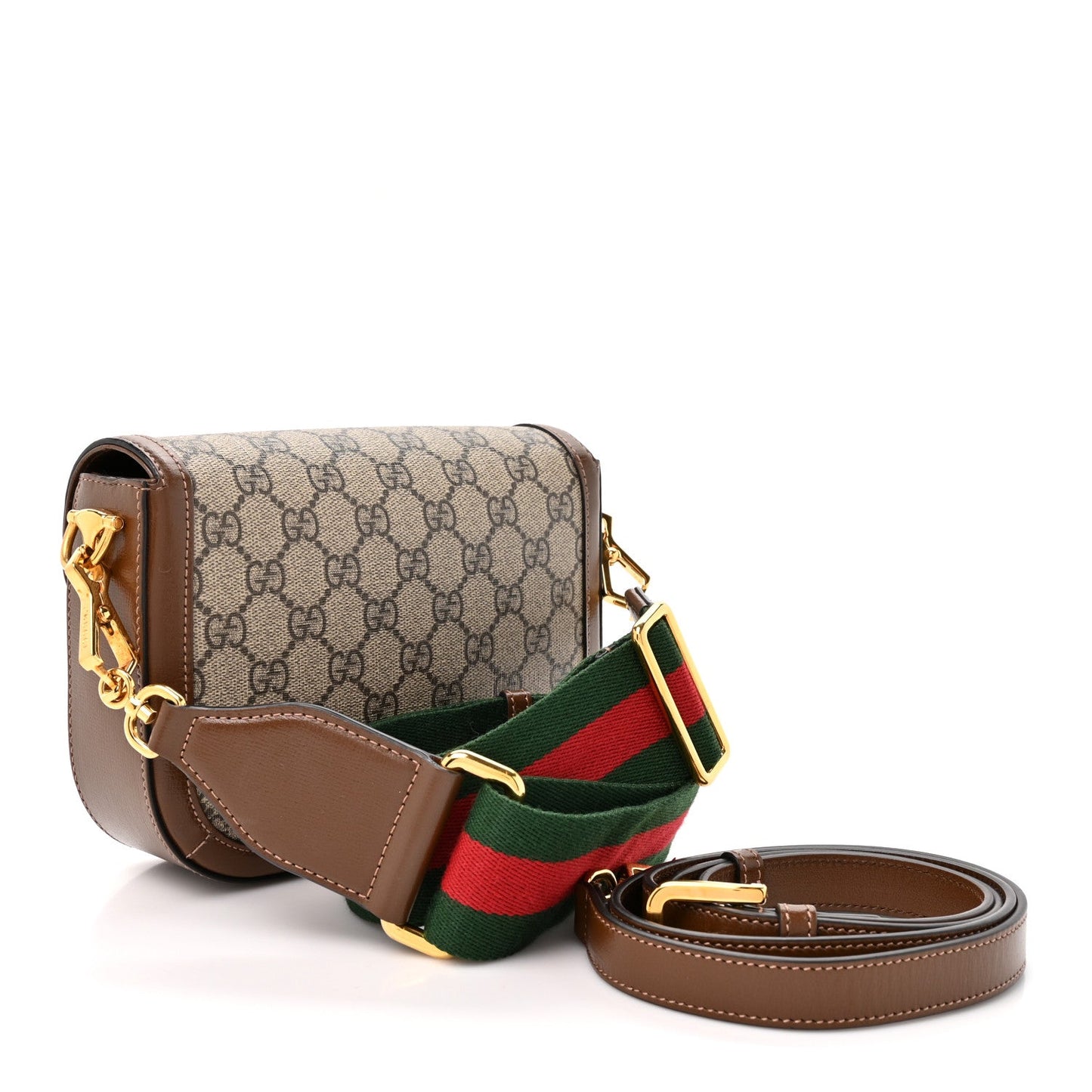 GG Supreme Monogram Azalea Calfskin Web Mini Horsebit 1955 Shoulder Bag Beige Ebony Brown Sugar