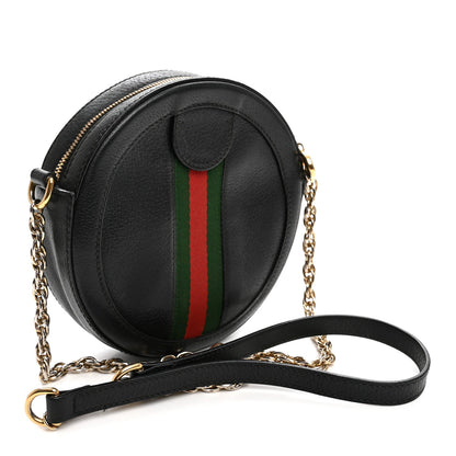 Grained Calfskin Web Mini Ophidia Round Shoulder Bag Black