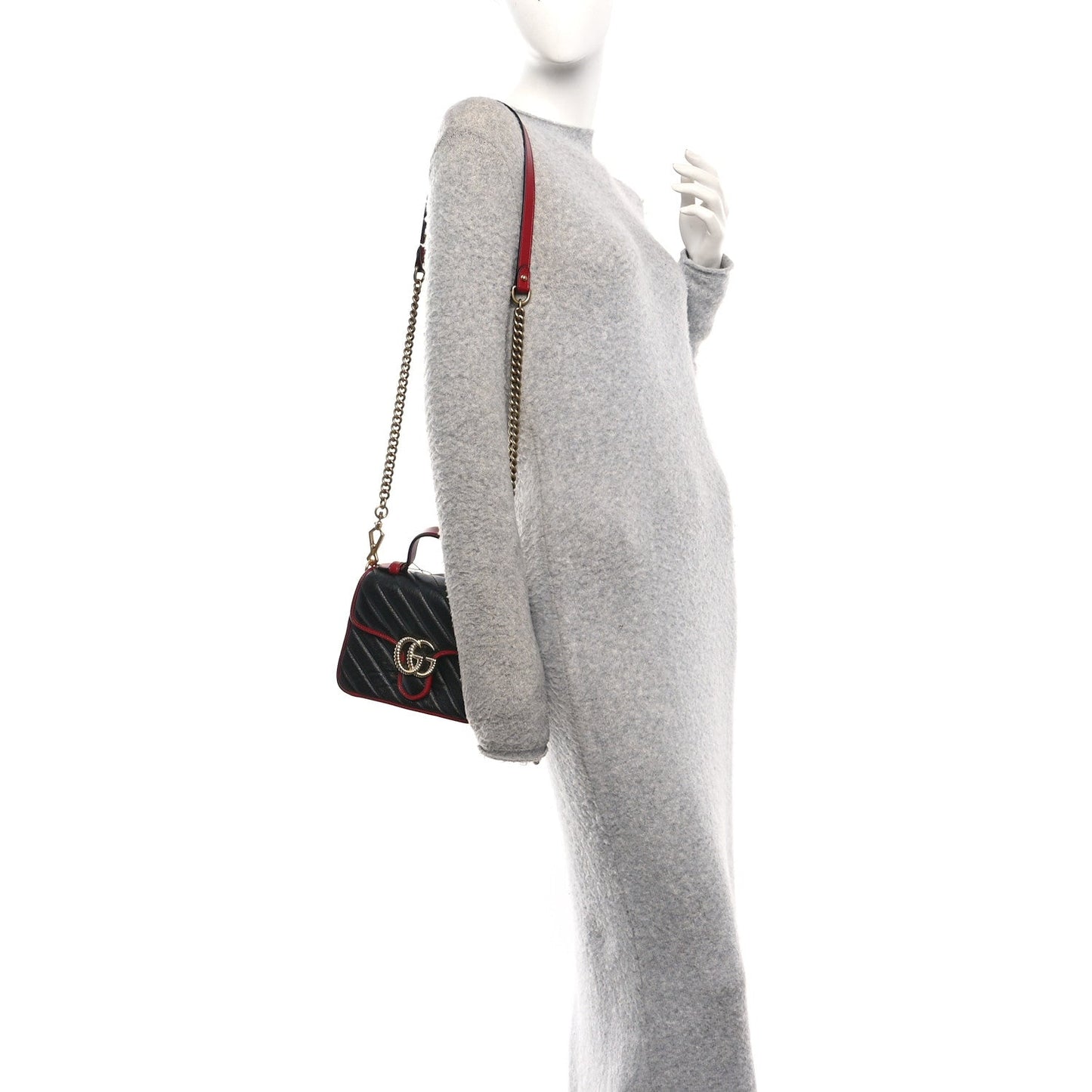 Vintage Effect Calfskin Matelasse Diagonal Mini Torchon GG Marmont Top Handle Shoulder Bag Black Romantic Cherry