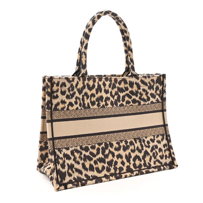 Canvas Mizza Embroidered Medium Leopard Book Tote Beige