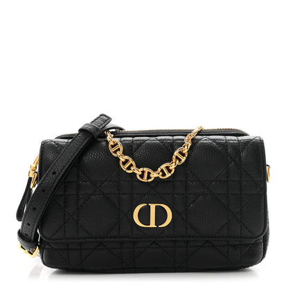 Supple Calfskin Cannage Caro Pouch With Chain  Black