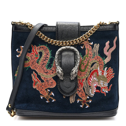 Suede Patent Dragon Embroidered Medium Dionysus Bucket Bag Dark Blue