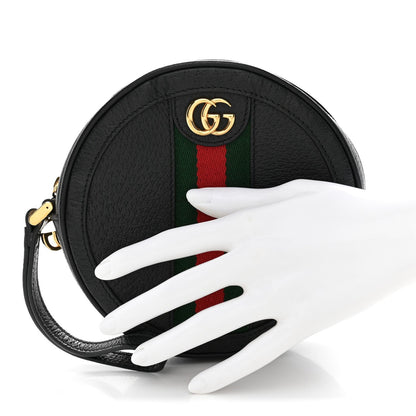 Textured Calfskin Web Ophidia Round Wrist Wallet  Black