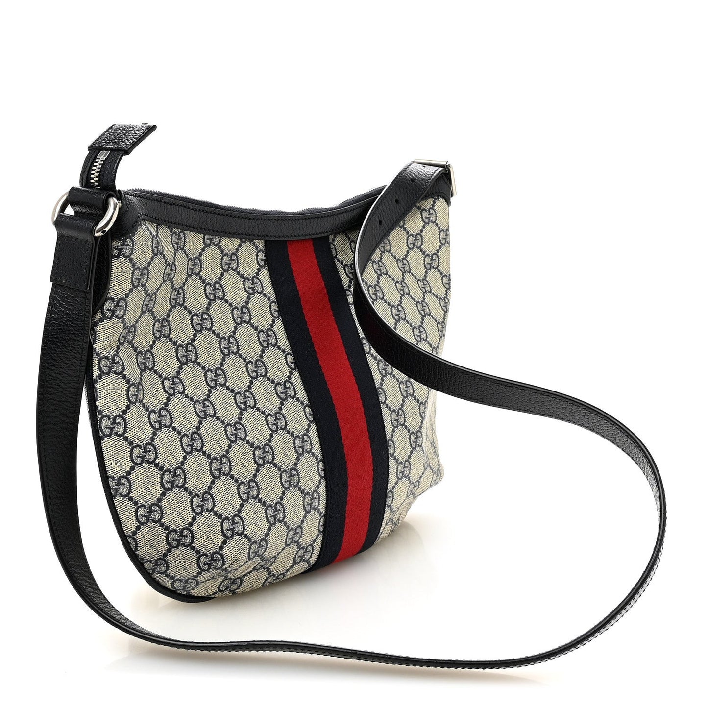 GG Supreme Monogram Textured Dollar Calfskin Web Small Ophidia Half Moon Hobo Beige Blue