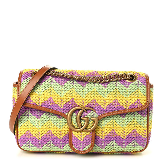 Calfskin Raffia Woven Small GG Marmont Shoulder Bag Multicolor