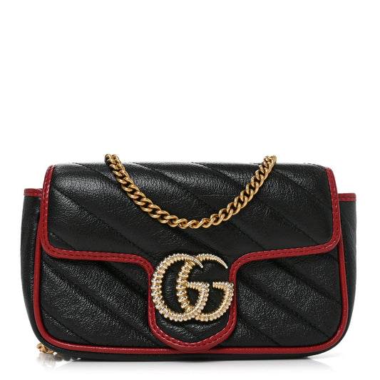 Vintage Effect Calfskin Matelasse Diagonal Super Mini Torchon GG Marmont Shoulder Bag Black Romantic Cherry
