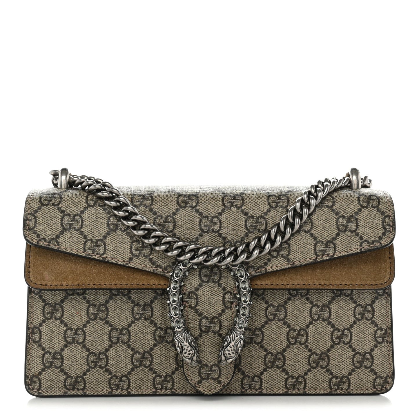 GG Supreme Monogram Suede Crystal Small Dionysus Shoulder Bag Beige Ebony Taupe