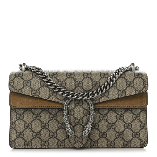 GG Supreme Monogram Suede Crystal Small Dionysus Shoulder Bag Beige Ebony Taupe