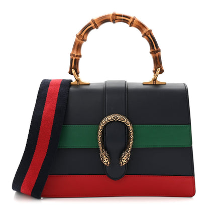 Moon Calfskin Web Medium Dionysus Bamboo Top Handle Bag Black Bright Evergreen Hibiscus Red