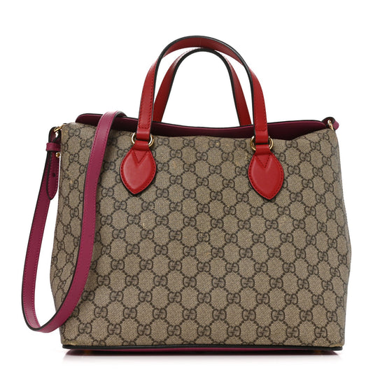 GG Supreme Monogram Linea A Foldover Tote Beige Hibiscus Red New Rosette
