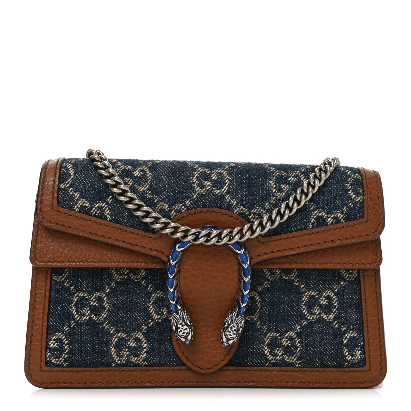 New Denim GG Monogram Dollar Calfskin Enamel Super Mini Dionysus Shoulder Bag Blue Tea Cuir Epilog Electric Blue