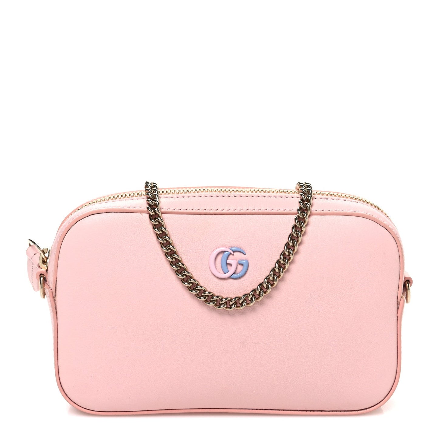 Dollar Calfskin Enamel Super Mini GG Marmont Chain Shoulder Bag Light Pink Blue