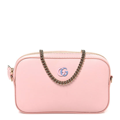 Dollar Calfskin Enamel Super Mini GG Marmont Chain Shoulder Bag Light Pink Blue