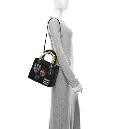 Smooth Calfskin Embroidered Beaded Floral Medium Lady Dior Black