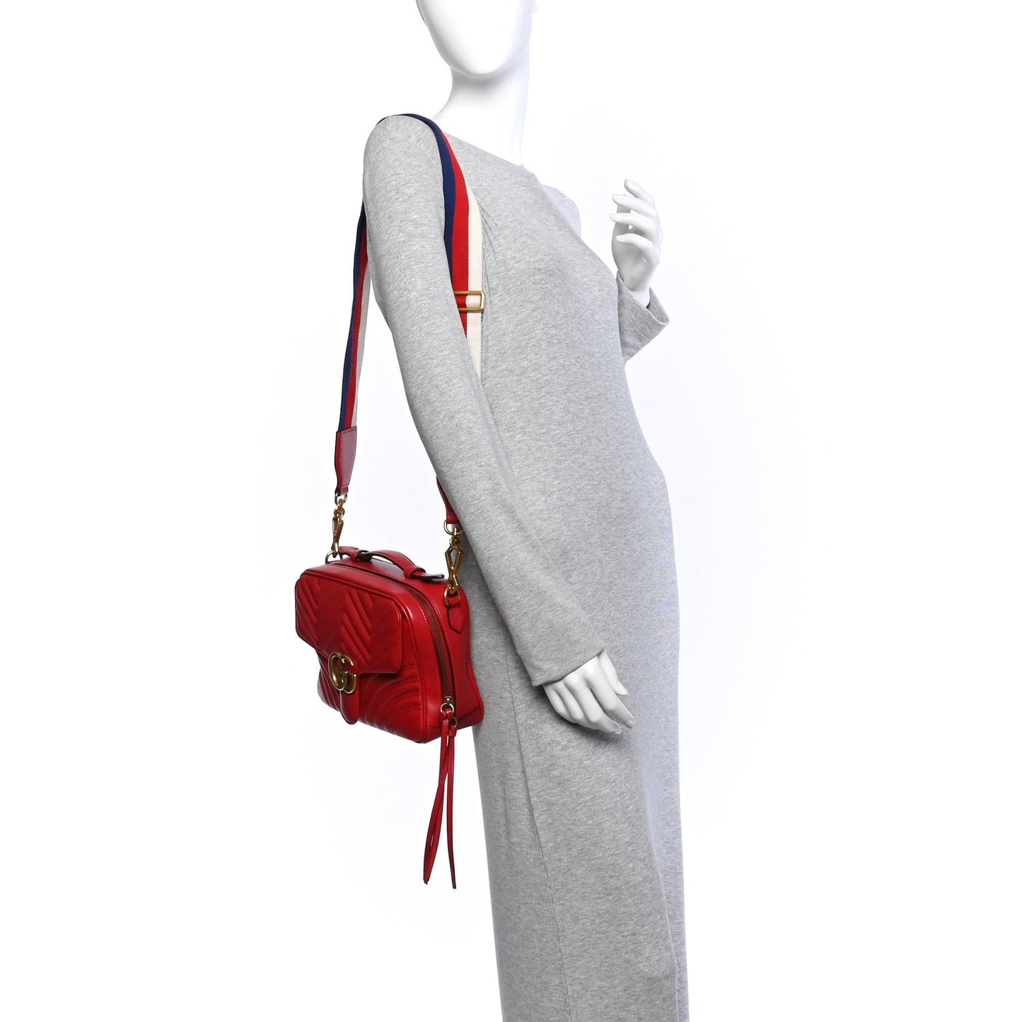 Calfskin Matelasse Sylvie Web Small GG Marmont Top Handle Shoulder Bag Hibiscus Red