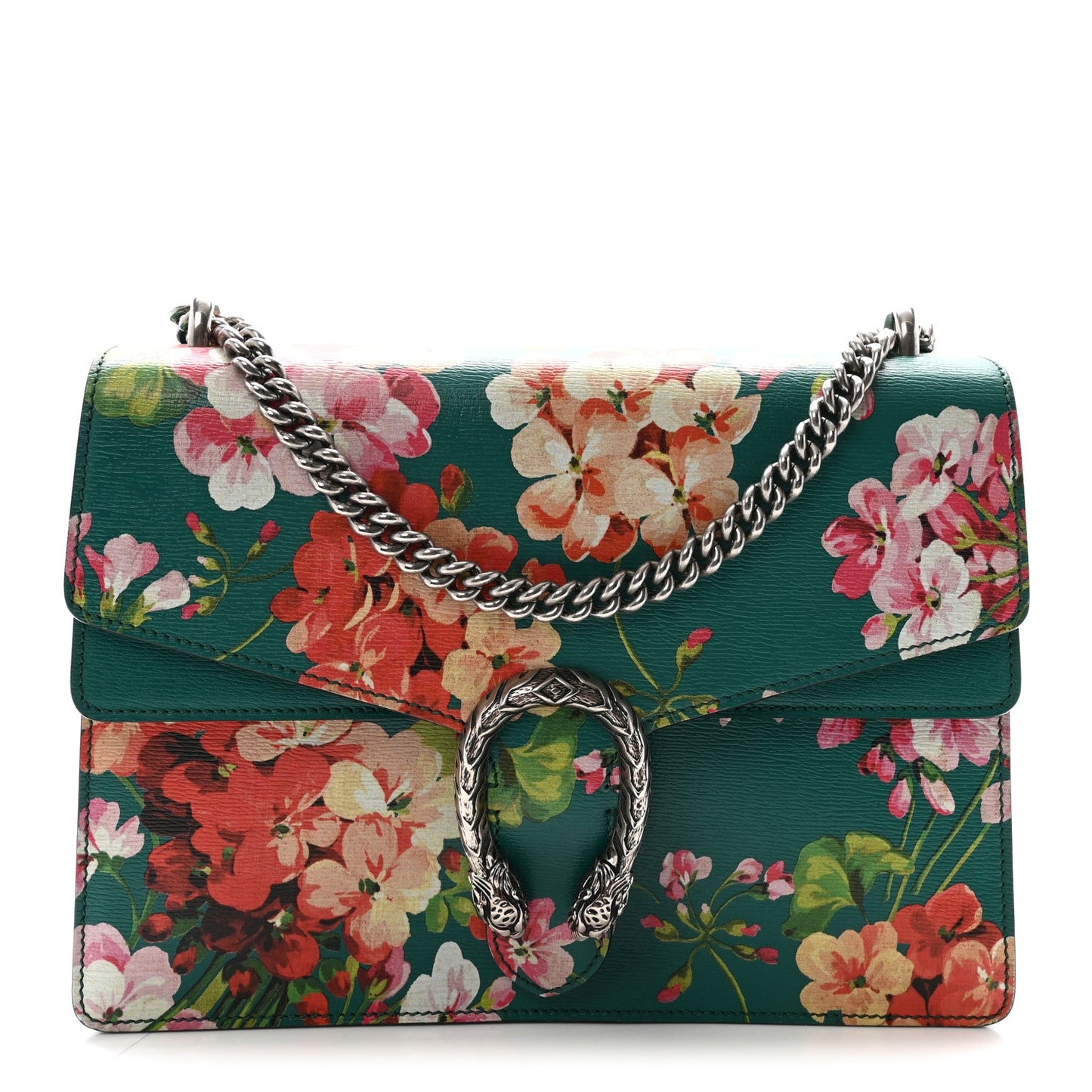 Calfskin Blooms Print Medium Dionysus Shoulder Bag Bright Emerald Multicolor