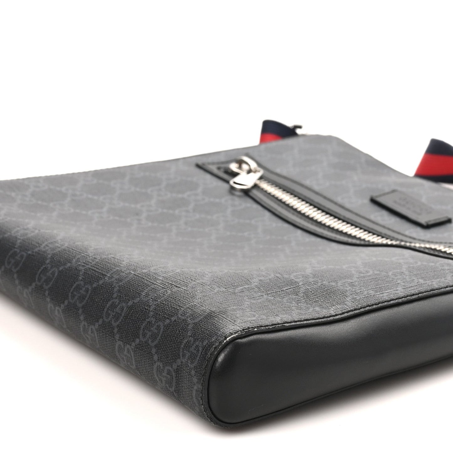GG Supreme Monogram Appia Calfskin Web Flat Messenger Bag Black Grey