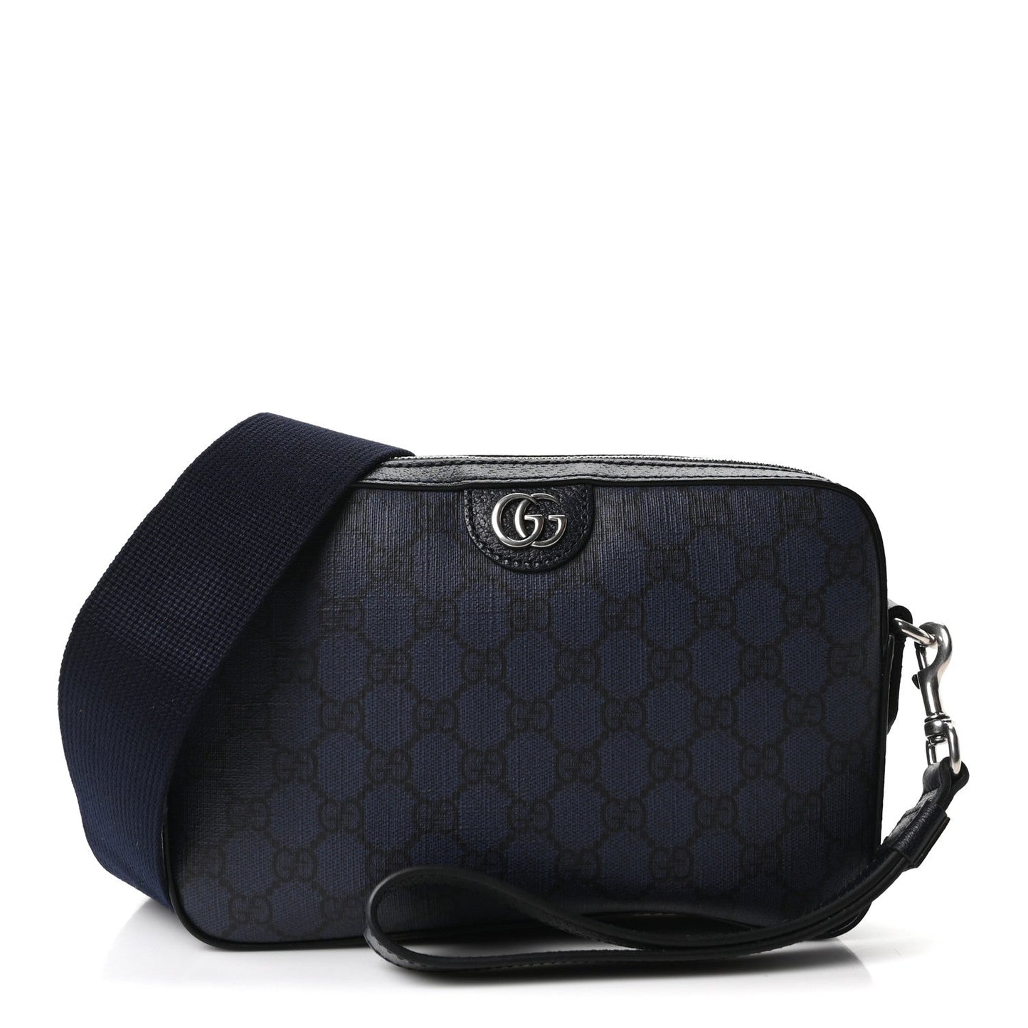 GG Supreme Monogram Textured Dollar Calfskin Web Ophidia Wristlet Shoulder Bag Black Blue