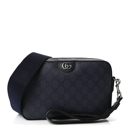 GG Supreme Monogram Textured Dollar Calfskin Web Ophidia Wristlet Shoulder Bag Black Blue