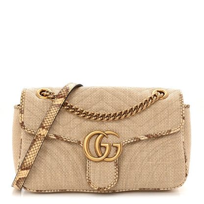 Raffia Elaphe Matelasse Small GG Marmont Shoulder Bag Natural Cream Brown