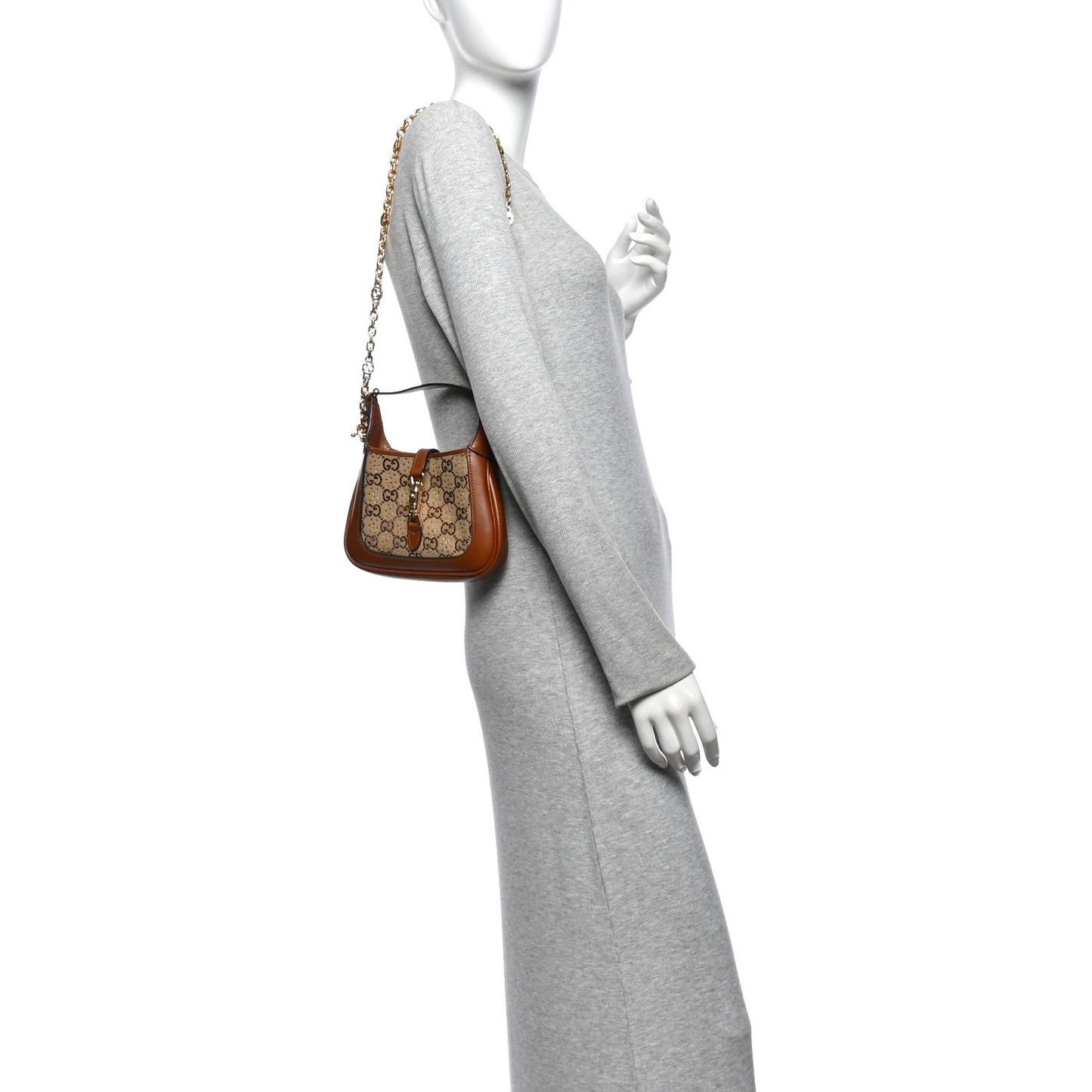 New Canvas Charisma Calfskin Crystal GG Monogram Mini Jackie 1961 Hobo Camel Ebony