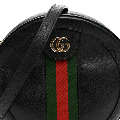Grained Calfskin Web Mini Ophidia Round Shoulder Bag Black