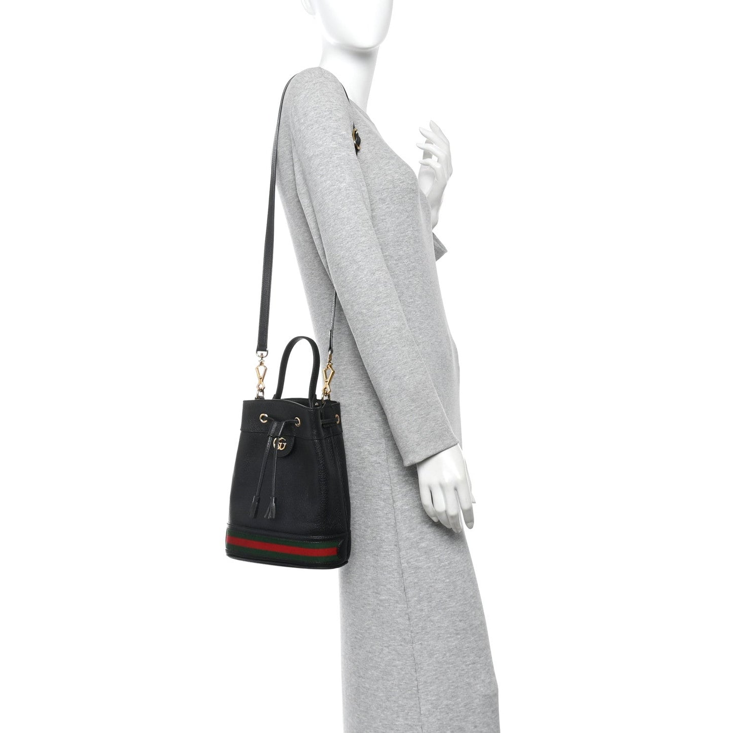 Glazed Textured Calfskin Web Small Ophidia Bucket Bag Black