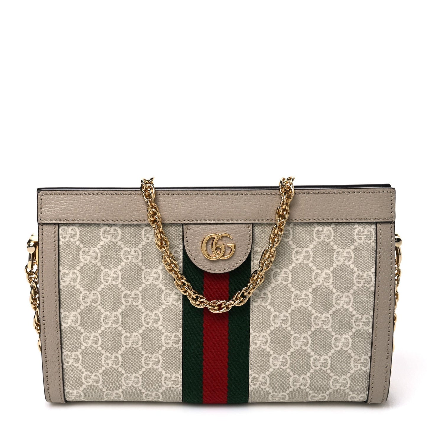 GG Supreme Monogram Textured Dollar Calfskin Web Small Ophidia Chain Shoulder Bag Beige Mystic White Oatmeal