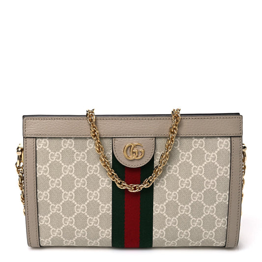 GG Supreme Monogram Textured Dollar Calfskin Web Small Ophidia Chain Shoulder Bag Beige Mystic White Oatmeal