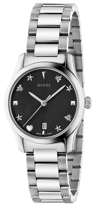 Gucci G Timeless Black Dial Silver Steel Strap Watch For Women - YA126573A