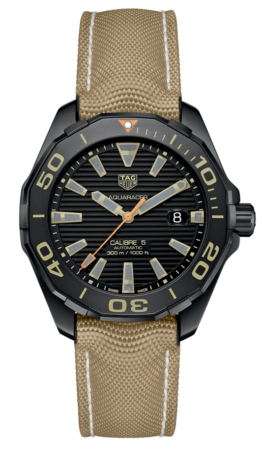 Tag Heuer Aquaracer 300 Calibre 5 Automatic Black Dial Brown Nylon Strap Watch for Men - WAY208C.FC6383
