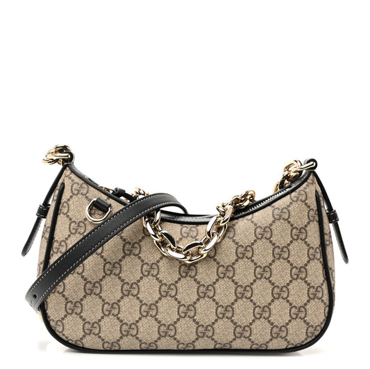 GG Supreme Monogram Textured Calfskin Small Emblem Shoulder Bag Beige Black