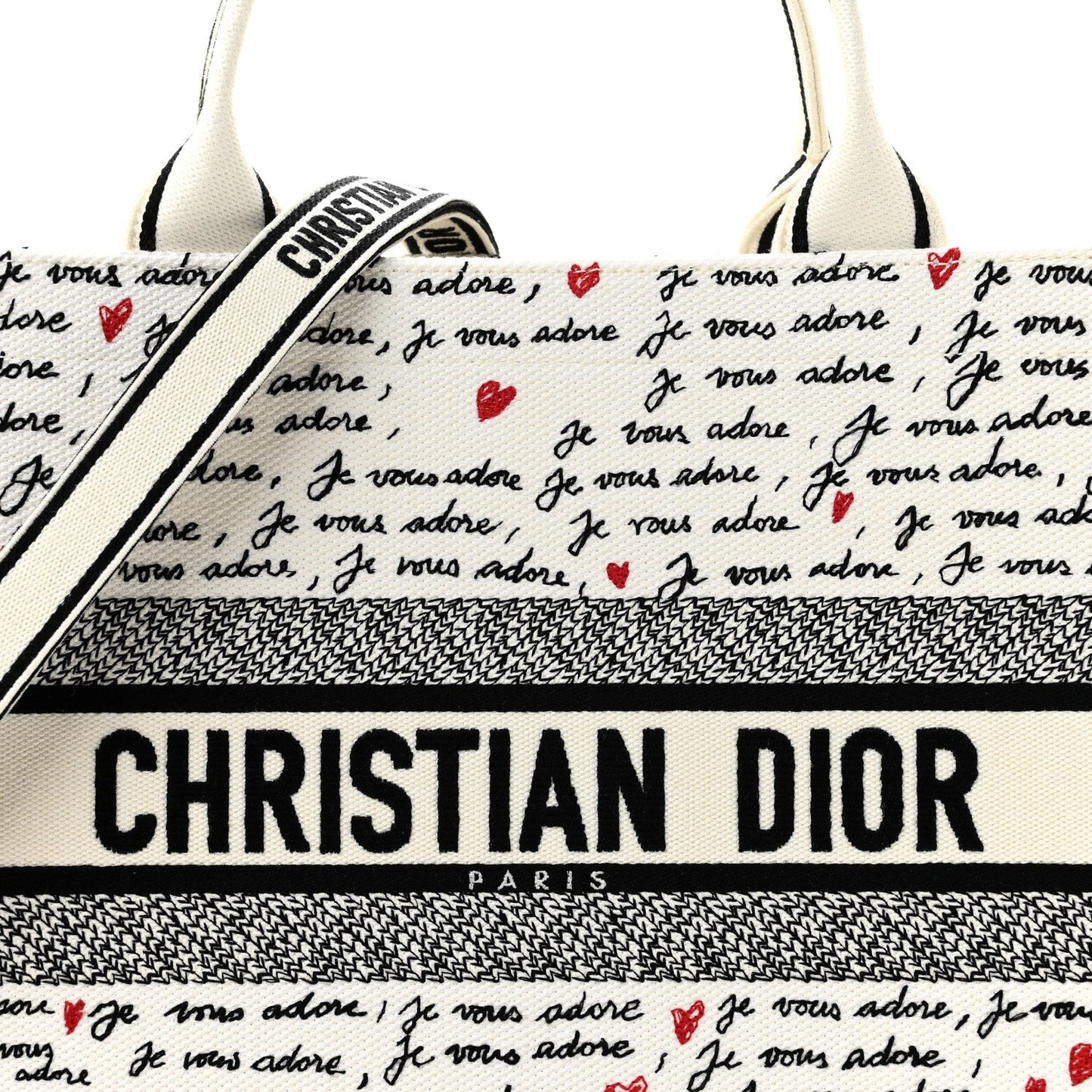 Calfskin Canvas Embroidered Medium Dioramour Je Vous Adore Book Tote With Strap White Black Red
