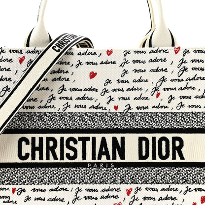 Calfskin Canvas Embroidered Medium Dioramour Je Vous Adore Book Tote With Strap White Black Red